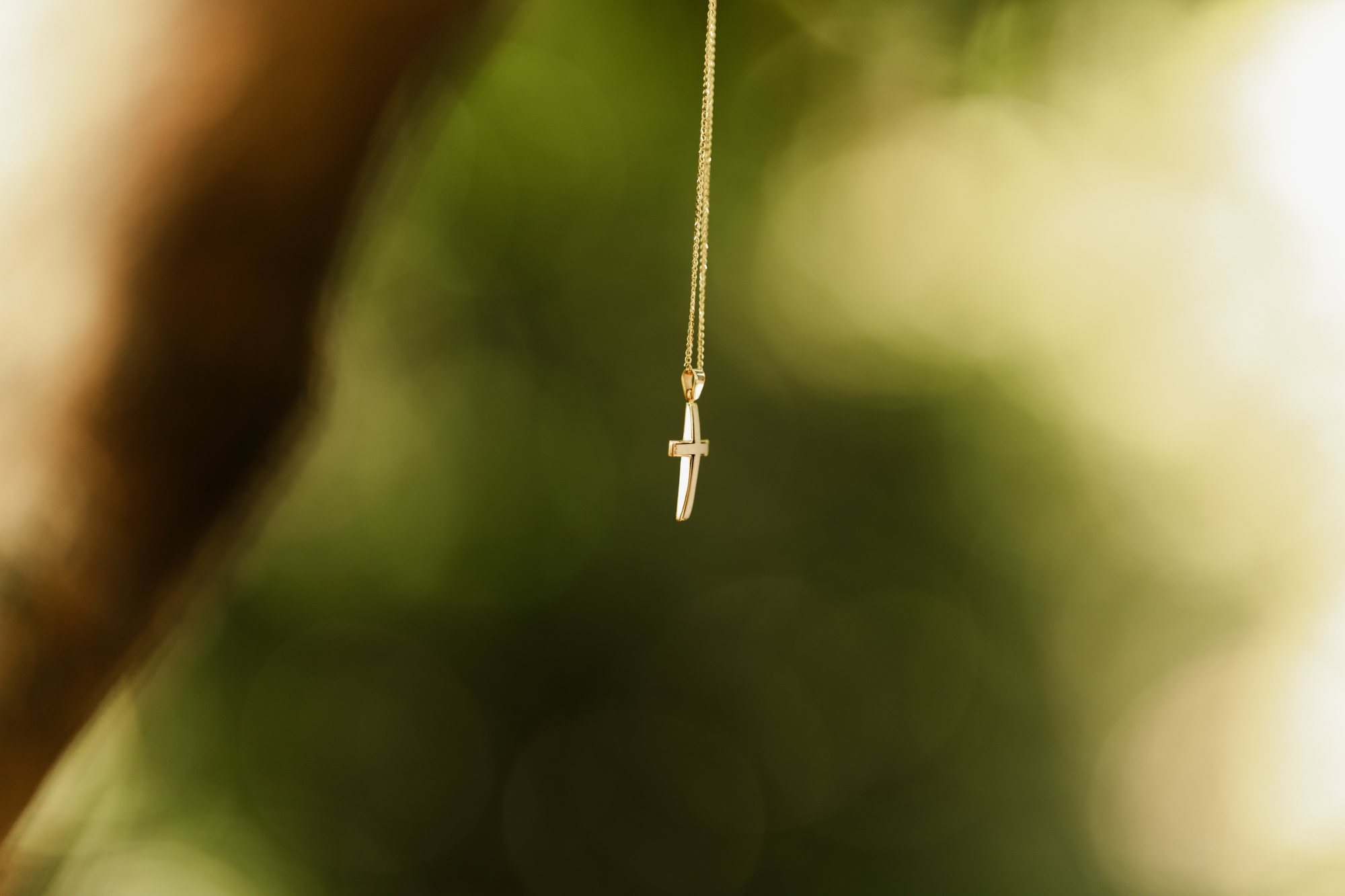 A gold cross on a thin chain against soft green foliage