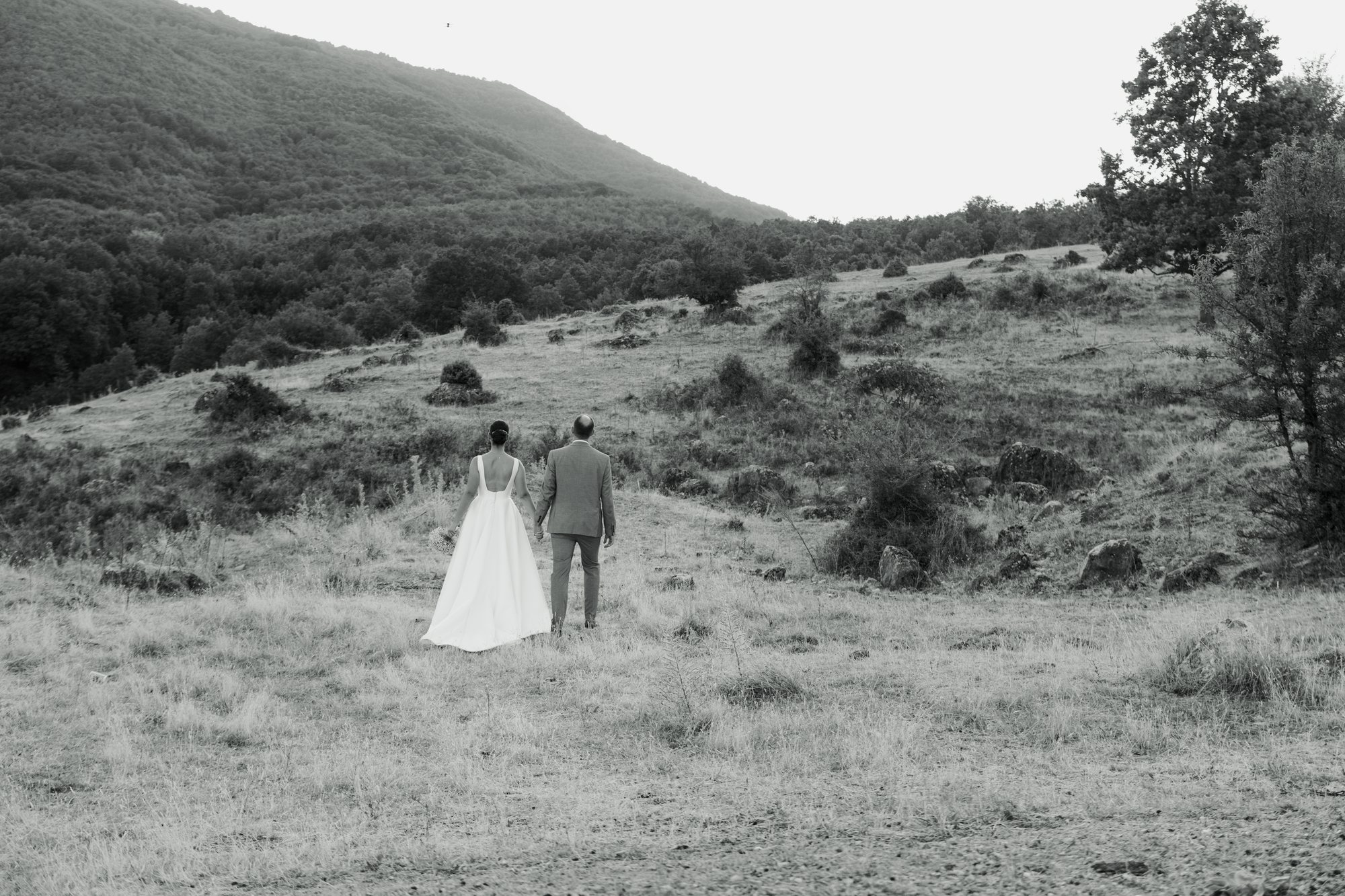 Black and white photo of the couple walking away into the hills